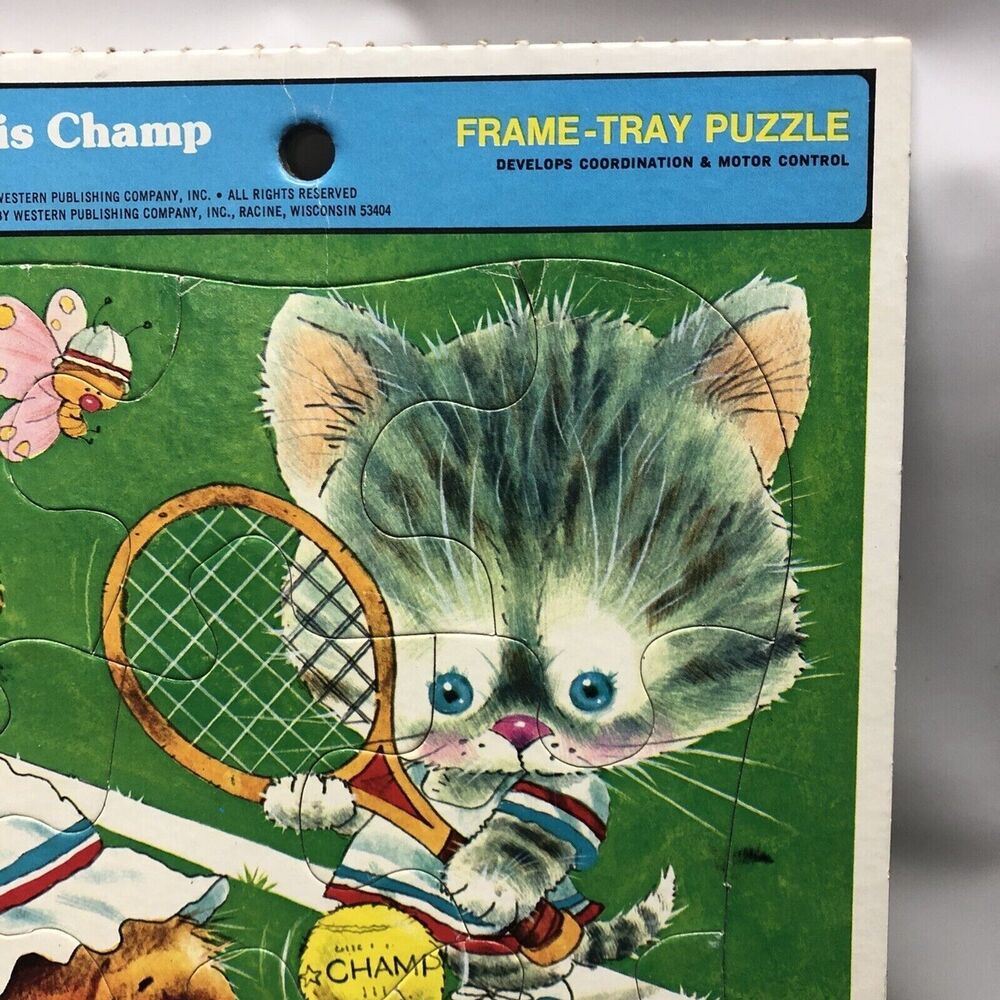 Vintage 1978 Whitman Tennis Champ Frame Tray Puzzle 4511C Giordano Kitten Puppy - Picture 3 of 13